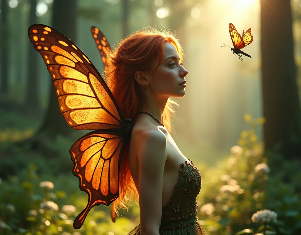 Beautiful 16 year old girl, a fairy with big butterfly wings on her back, naked seed behind a forest background, florida, bright illuminated . of the rooster