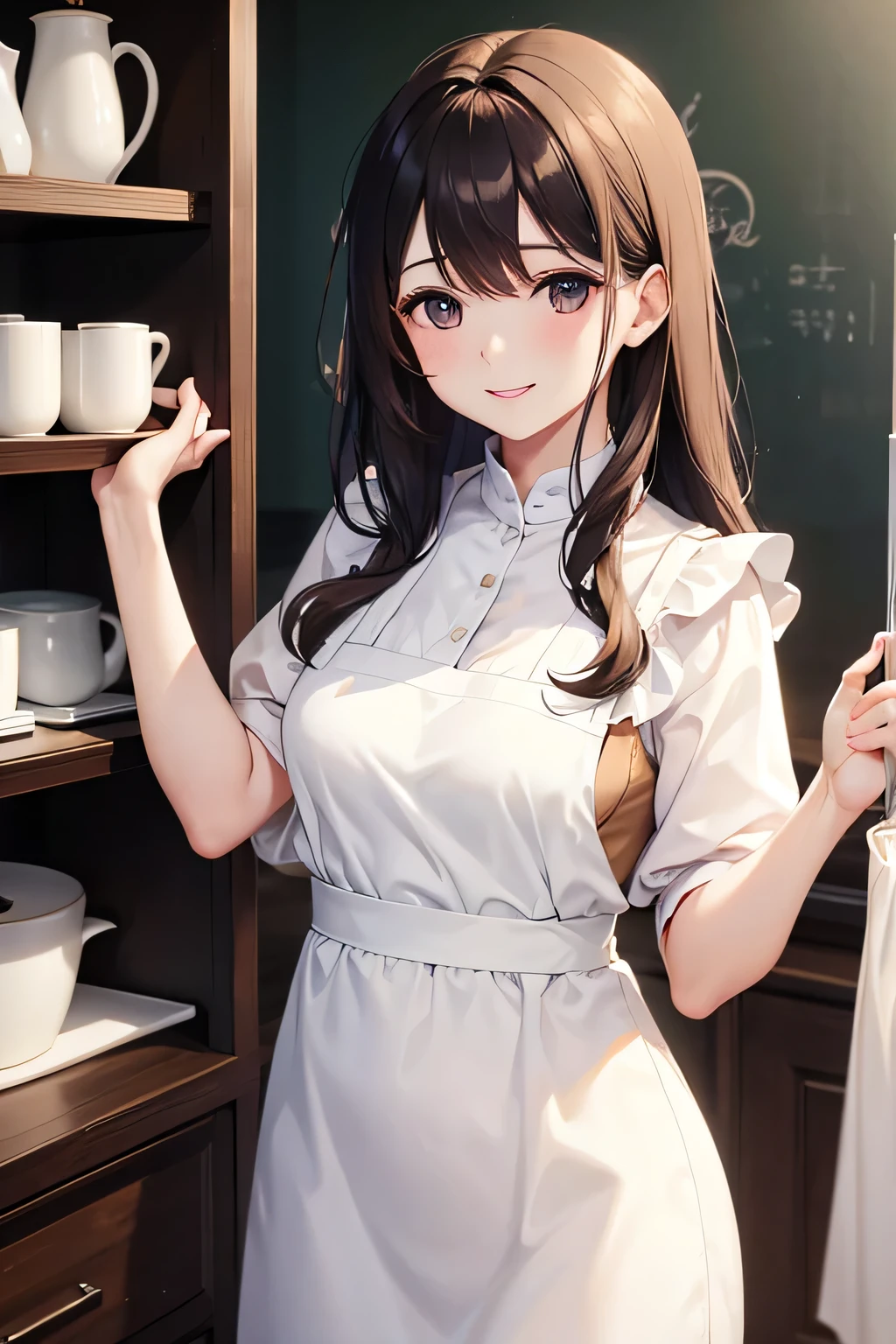 A woman wearing a white apron、Gentle smile、Small breasts、Brown long hair、Intellectual atmosphere、White shirt