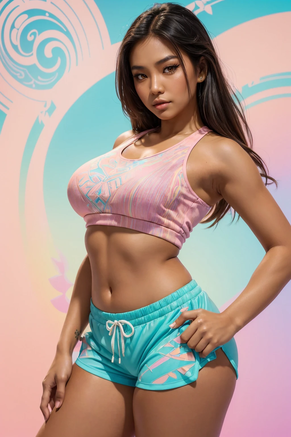 (Sexy tanned Polynesian|Asian woman, 1girl:1.2, thicc hourglass figure, perfect eyeliner:1.2), (masterpiece:1.4, best quality), medium breasts, unity 8k wallpaper, ultra detailed, (pastel background, wearing gym shorts and colorful tank top:1.3), alluring pose, upper body, ass, beautiful and aesthetic, detailed, solo