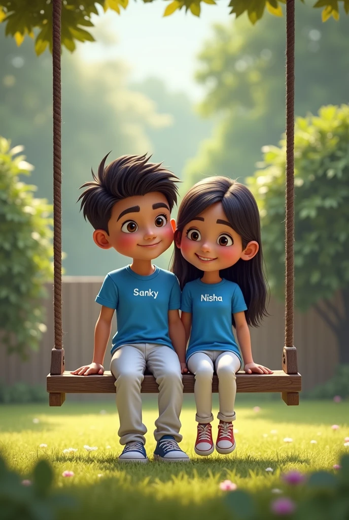 There are  Indian boy wearing “Arthav” written Black colour t-shirt and jeans and girl wearing “Evanshi” written Black colour t-shirt and jeans Both sitting bare feet. on a swing with Krishna ji, Krishna ji is playing the flute. and “Happy Krishna Janmashtami” written on the swing top border. nature green here and there create a realistic 4k