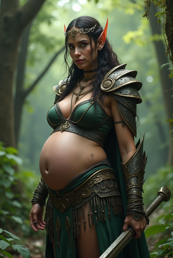 attractive medieval warrior princess, circa 1500s, castle on scotland countryside, short hair, blonde, midriff, pregnant belly, huge hips, biting teeth expression, gloomy forest, night, cinematic