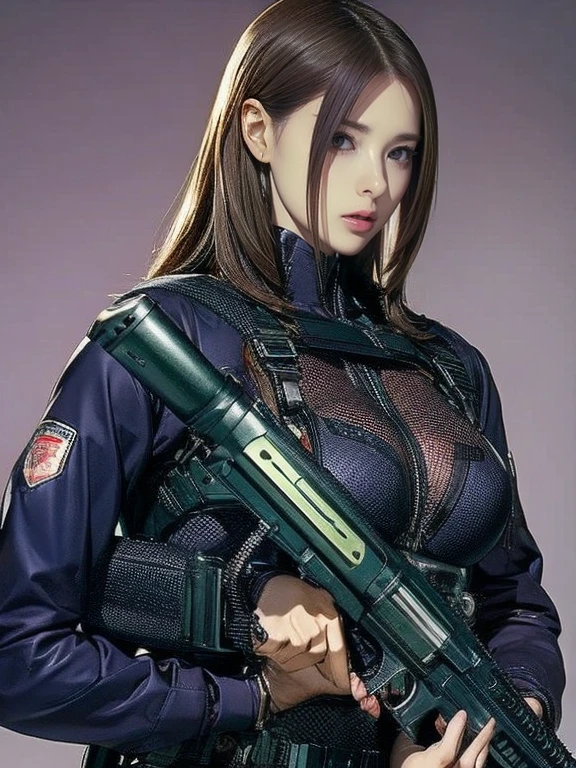 Best image quality、Amazing details、Ultra-high resolution、（realism：1.4）、（（Close：0.75））、One woman is very condensed、Beautiful and delicate face、Perfect proportions、Narrow your target audience、Large Breasts）、Brown Hair、（Violet tech suit）、（A cyborg compared to a police uniform、、、Black and grey mech、Military Harness、With RPG-7、Hitch Tech Flamethrower Tank Transport）、Simple grey wall in the background、