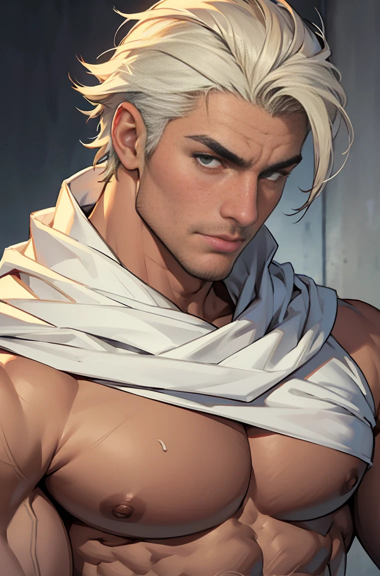 red horn,devilの角,silver hair,devil,brown skin,Snow Man,Mighty Fighter, chest exposed, Detailed muscular physique, realistic depiction, 4K resolution. background: Blizzard,32k uh, (((highest quality, masterpiece, Super detailed, advanced details)))
