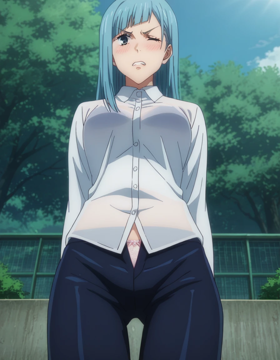 score_9, score_8_up, score_7_up, sauce_anime, ambient light,
jujutsu_kaisen_style, kasumi miwa,, ,1girl ,tall girl,, blue hair, long hair, blue eyes, wince, frown, close up face:0.2,
nsfw, (show off panties),, undress see-through dress shirt, hands behind backs, undress pants, in lace panties,
outdoors,, realistic outdoor, (kneeling), , steam, 
cowboy shot,, looking at below, solo, dutch angle, blush,, lace bra , clenched teeth, saliva,, medium breast, よだれ,