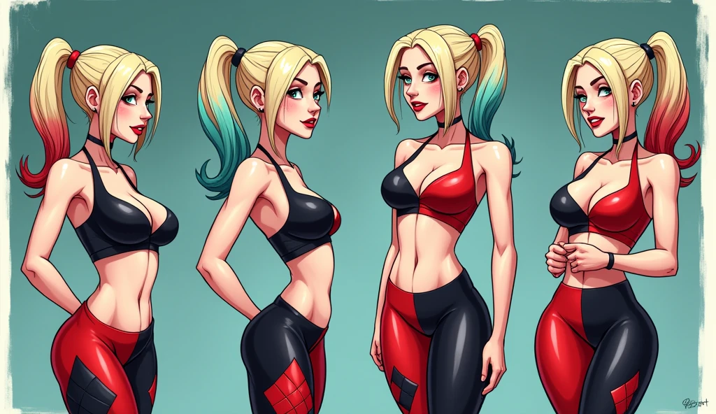 characterDesignSheetQuiron,  character design sheet  multiple views  of Harley Quinn (DC Comics): Harley Quinn's red and black jester outfit, pigtails, and mischievous personality have made her a popular choice among cosplayers.  ,  <lora:CharacterDesignSheetQuiron_FLUX:1.3>