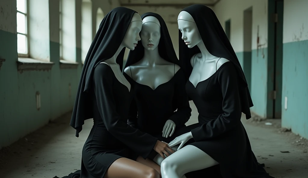 three mannequins dressed in white sit in a circle with a black and white background, a surrealist sculpture inspired by Ray Caesar, tumblr, pop surrealism, flora borsi, sergey zabelin, photography alexey gurylev, erwin olaf, photography alexey kurylev, alexey egorov, sebastian kruger, sergey krasovskiy