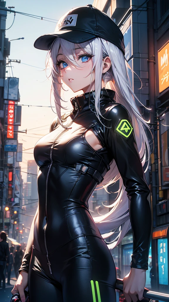 masterpiece, best quality, 4k, UHD, mishoujo, beautiful eyes and detailed face, illustration, beautiful detailed, high resolution illustration, glowing_white_particles, 1girl, white hair, light purple eye, hair over one eye, short side tail, baseball cap, expressionless, black with neon green stripes jumpsuit, unzipped to the navel (Impressionism:1.4), upper body portrait, cyberpunk city background, looking serious, 