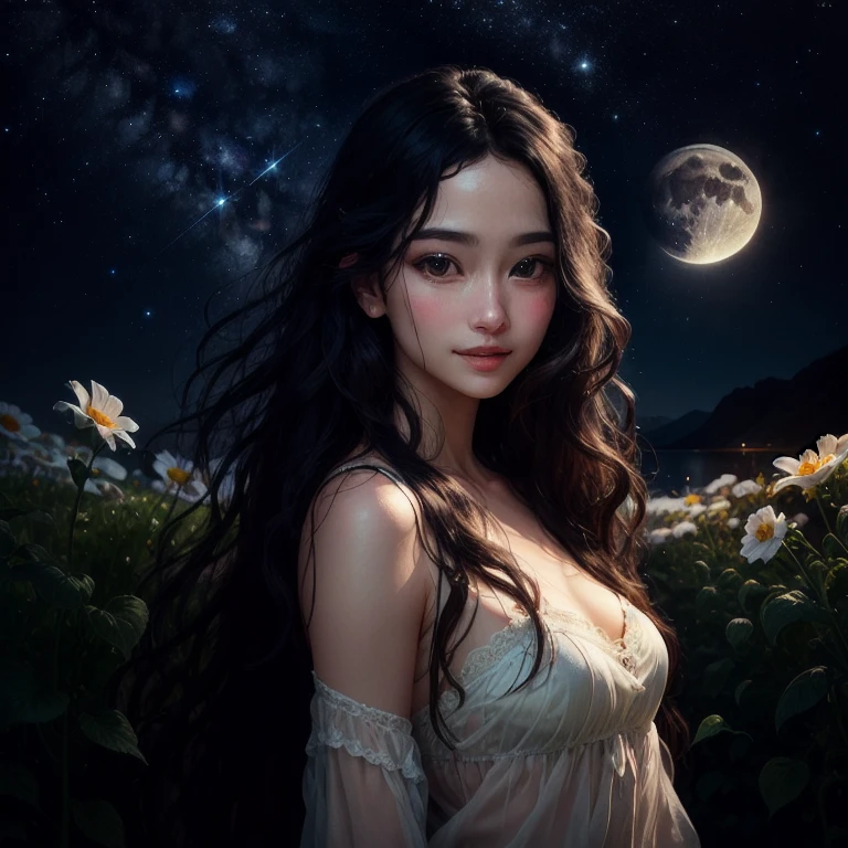 (best quality,4k,8k,highres,masterpiece:1.2),ultra-detailed,(realistic,photorealistic,photo-realistic:1.37),beautiful detailed eyes,beautiful detailed lips,extremely detailed eyes and face,longeyelashes,moonlight,girl,night,full moon,mystery,magic,beautiful girl,starlit night,garden,peaceful,long hair,serene,dreamy,moon gaze,night sky,ethereal,feminine,charming,moonlit scene,mysterious girl,luminous,calm,nighttime,enchanted,soft glow,darkness,moon goddess,lunar beauty,shadows,lunar halo,moon magic,tranquil,fairytale-like,moonlit garden,shadow play,night atmosphere,moonlit landscape,moonlight reflection,dark night