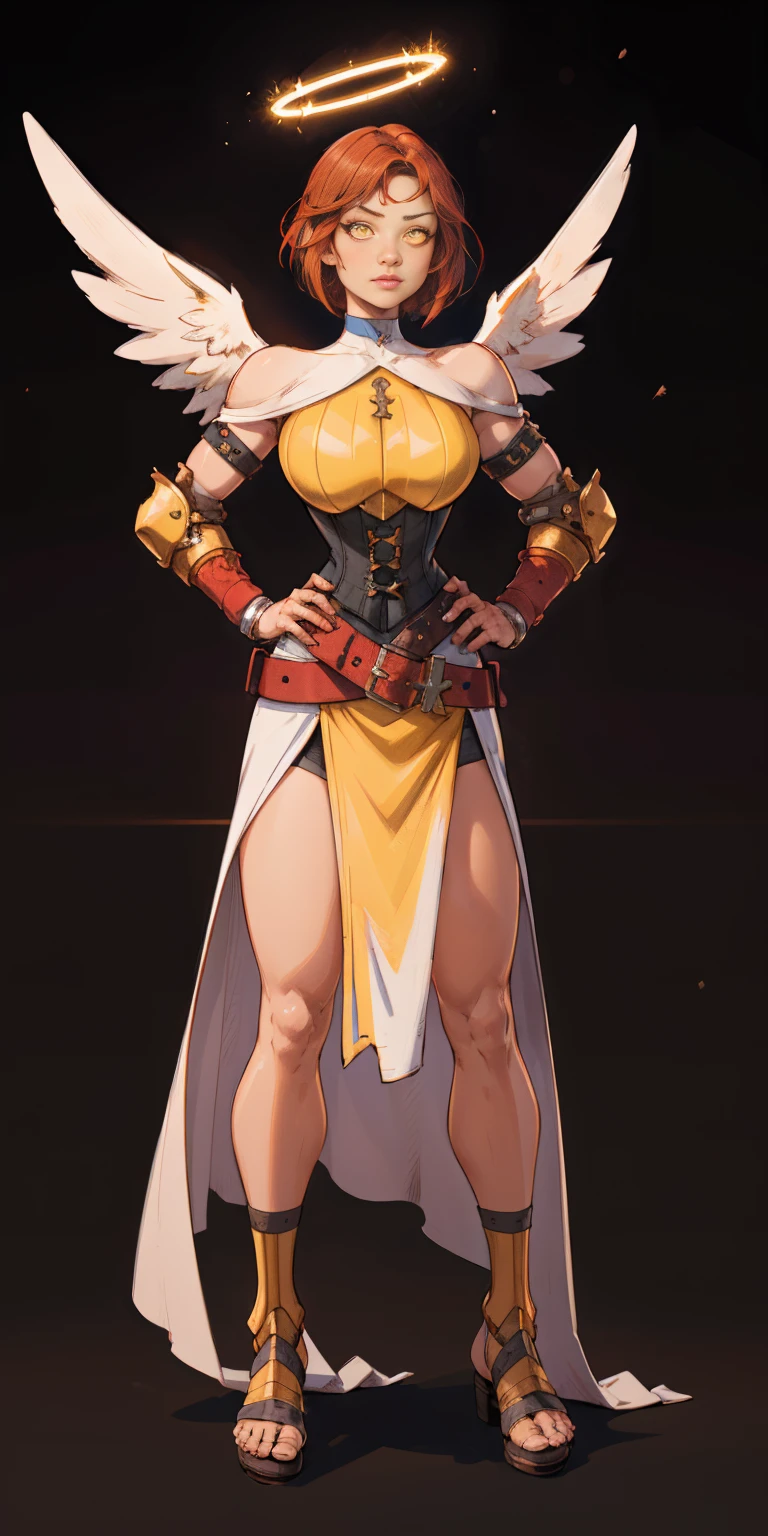 ((Masterpiece, plain background,1:2, masterpiece)) full body standing with two long yellow tiger print stockings, toned thighs, white silver hair, short bob hair, cleavage, separate yellow tiger print stockings thighs and sleeves, tiara royal, long cape up to two feet, yellow tiger bikini print, hands on waist, navel, lustful smirking smiling, smile face (red blushed, red cheeks) metal shoulders, armbands, black leather choker slave collar, full body standing with two long thighs and two metal sandals, red eyes, silver white hair, short bob hair, big knockers, cleavage, separate sleeves, tiara royal, long cape up to two feet, leather corset, yellow bikini, hands on hips, metal shoulders, armbands, black leather choker collar, shackles bracelets, slave red crest, pauldrons, loincloth standing, hands on hips, metal sandals, big belt, view from below, feet together, bracers, tiara, standing contrapposto straight symmetrical looking to viewer