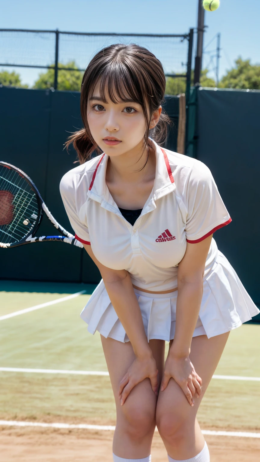 (Highest quality、8k画質、masterpiece:1.3)、One Girl、solo、The most beautiful girl in Japan, High resolutionの顔、Golden Ratio、Healthy Beauty、Tennis Player、Holding a tennis racket in your right hand、Serious expression、blush、(Turn around)、(Tight ass)、((A tight fitting white tennis uniform、Flexible and thin fabric))、(Play tennis、At the tennis court)、Tennis Stadium、Highest quality, 超High resolution, (Reality: 1.4), Cinema Lighting、Japanese、Asian Beauty、Korean、Super Beauty、Beautiful Skin、Slender、(Surreal)、(High resolution)、(8k)、(Very detailed)、(Beautiful and detailed eyes)、(Ultra-detailed)、 (wallpaper)、Detailed face、Bright lighting、Professional Lighting、View your viewers、Brown Hair、Nogizaka Idol、Korean Idol、、Age 25、expensive,Tennis skirts are long enough to cover the buttocks.