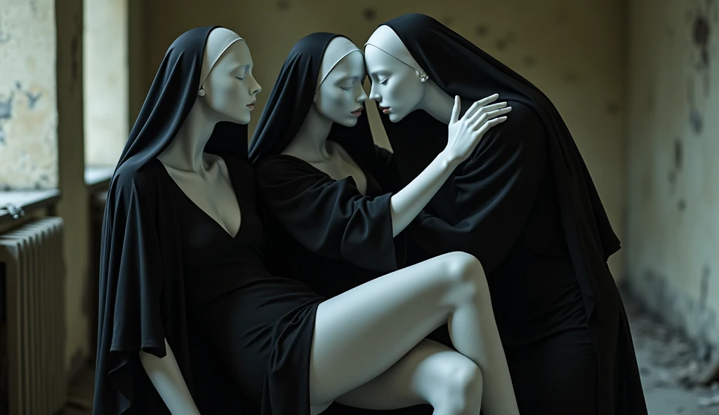 Bald girl with black eyebrows, red makeup with black eyeliner, black eyes, White skin, with a white dress and a big black sweater on top.
The other girl in the black star dress, tied hair, black fur, brown skin. Without a diver, just the dress.
Behind this Jesus Christ illuminating his path.