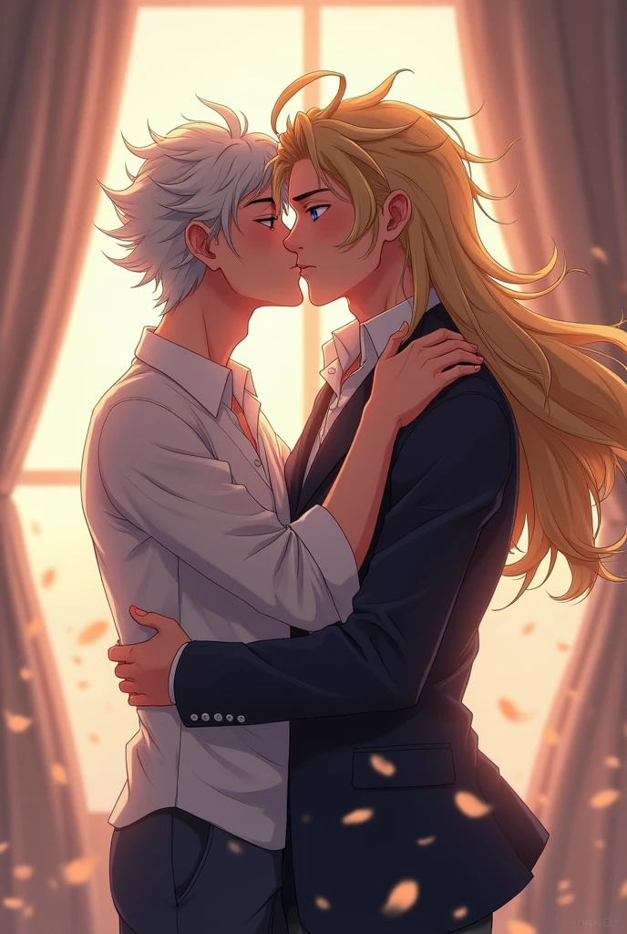 ((Лучшее качество)), ((шедевр)), (подробный), A guy hugs a blonde girl with naked eyes