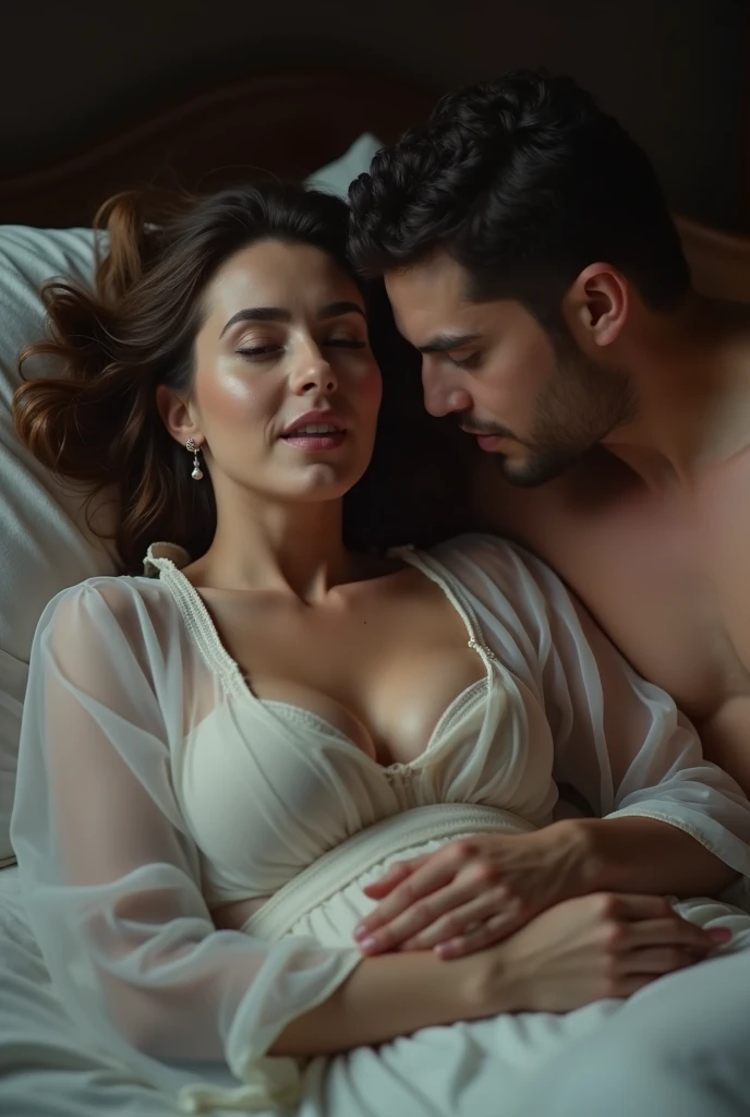 low angle POV short , realistic, indian actress is in the shooting spot. she is doing a romantic scene on bed with another actor. male actor lying on bed, she is riding on him revealing her breast, she is wearing a sheer transparent white sari, showing open breast, she is holding man's hands on her chest, there are technicians around.