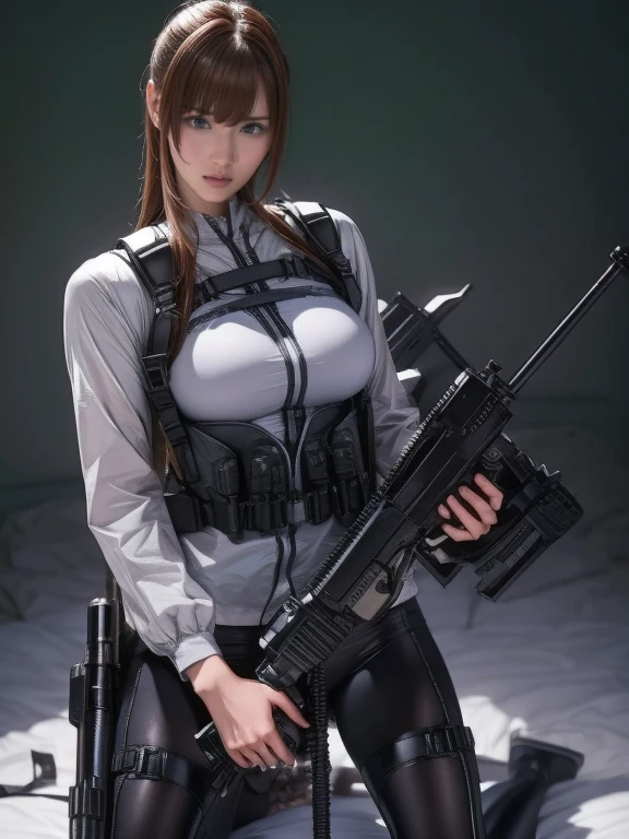 Best image quality、Amazing details、Ultra-high resolution、（realism：1.4）、（（Close：0.75））、One woman is very condensed、Beautiful and delicate face、Perfect proportions、Narrow your target audience、Large Breasts）、Brown Hair、（Violet tech suit）、（A cyborg compared to a police uniform、、、Black and grey mech、Military Harness、With RPG-7、Hitch Tech Flamethrower Tank Transport）、Simple grey wall in the background、