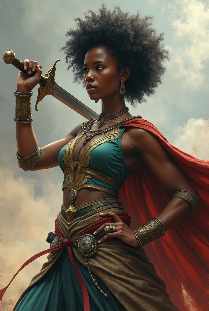 (masterpiece, UHD, oil painting, realistic, Greg Rutkowski style:1.3), Queen Nzinga, (17th-century African warrior attire:1.2), adorned with tribal jewelry, fierce expression, wielding a spear, African savannah background, setting sun, (warm hues of orange and red:1.2), detailed textures, rich colors, imposing presence, full body view, looking at viewer.
