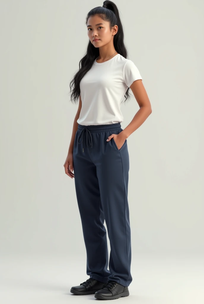 "A Nicaraguan female high school student, light skinned, in a human realistic style. He wore a white t-shirt, Smooth and without buttons or logos, designed for physical education. He is wearing dark blue sports trousers., without laces, comfortable for physical activities. His sneakers are black and sporty.. has long hair, dark and gathered into a high ponytail for added comfort. The image must be completely realistic in terms of proportions and human details., with a simple, neutral background to highlight your uniform and appearance." Looking ahead
