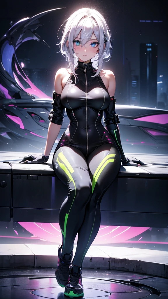 (rear view, backside view),the highest quality))、((Masterpiece)、cyberpunk、big glutes、kneel down、Electronic visor attached to the face of a 12-year-old girl with emphasis on the buttocks、Red latex body,Cyberpunk mode、pose sexy、(Wear yellow leggings on the lower body、breast enlargement、Neon lights in the dark city at night,unreal engine:1.4,HD,La Best Quality:1.4, photorealistic:1.4, skin texture:1.4, Masterpiece:1.8,Masterpiece, Best Quality,（Beautiful and detailed description of the eye）,( neon pink cyborg),(perfect anatomy),(convex ,detailed fingers),white cyborg latex bodysuit,, (perfect anatomy), (no mutations anatomy), (cabello white:1.4), (fondo ciudad Tokio cyberpunk noche:1.4), (wide hips beautiful butt:1.4 ), (showing her ass),( showing her vagina:1.4 ), (WetAndPissy:1.4) 