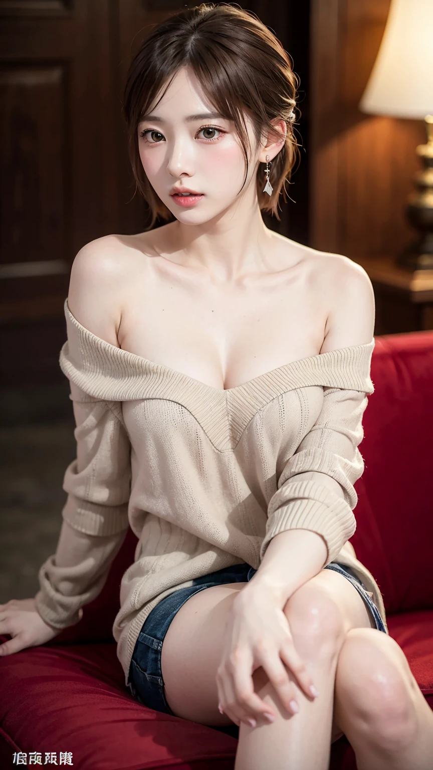 High resolution、超High resolution、photograph、Japanese Women、Staring provocatively at each other、cute、Age 25、、Highly detailed skin、Japanese、、、Beautiful Face、Gazing Eyes、Transparency、Even skin、細部まではっきりとDescription、Natural skin correction、、Description、Beautiful thighs、、Small face、、、Thin knitwear with a loose fit around the chest、Slender、One Shoulder、、Hostess、hostess、night、nightの飲食店、Dark interior、Red sofa seat、Short Hair、Updo、accessories(Earrings)、