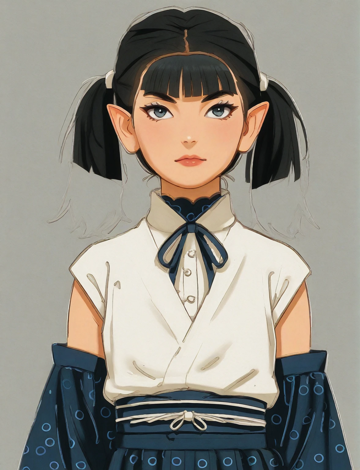 Create a full-body digital illustration of a female character with elf ears with round dots instead of eyebrows. For the hairstyle, she should have black hair styled into a single bun at the back of her head, complemented by asymmetrically chopped bangs that transition into a long lock on one side. Her outfit should match short hakama with detached sleeves and frills under the shorts and the sleeves, in a gothic style, featuring intricate white lace patterns, detailed cutouts, and a white obi with a black seigaiha black pattern. The outfit should include layered skirts and ribbon details to emphasize a similar aesthetic. Add a muted background that complements her striking attire and hairstyle.