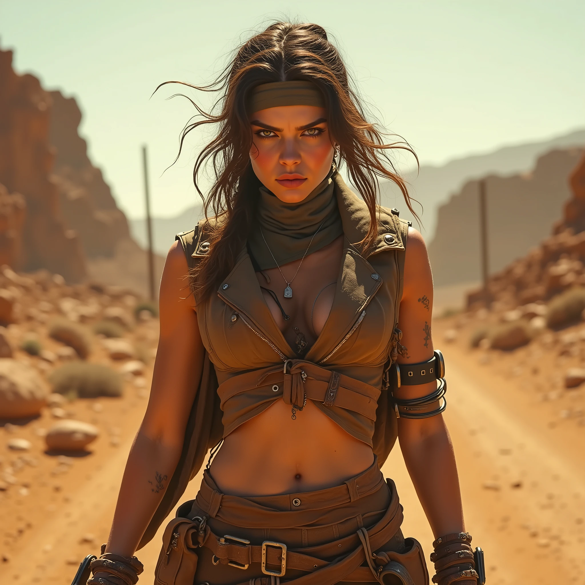 Natalie Portman mad max style. Muddy. dirty. sexy. goth makeup. Ragged leather clothes. hidden eroticism. strong but slim body, detailed face. Angry. Driving a car, sand, wasteland, desert.