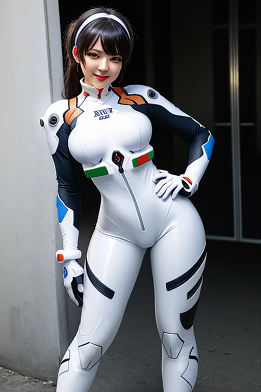 ((Masterpiece, best quality, edgQuality)) smiling, solo, 1girl, edgPlugsuit, breasts, full body, hairband, skin tight, hands on hips, wearing edgPlugsuit bodysuit 