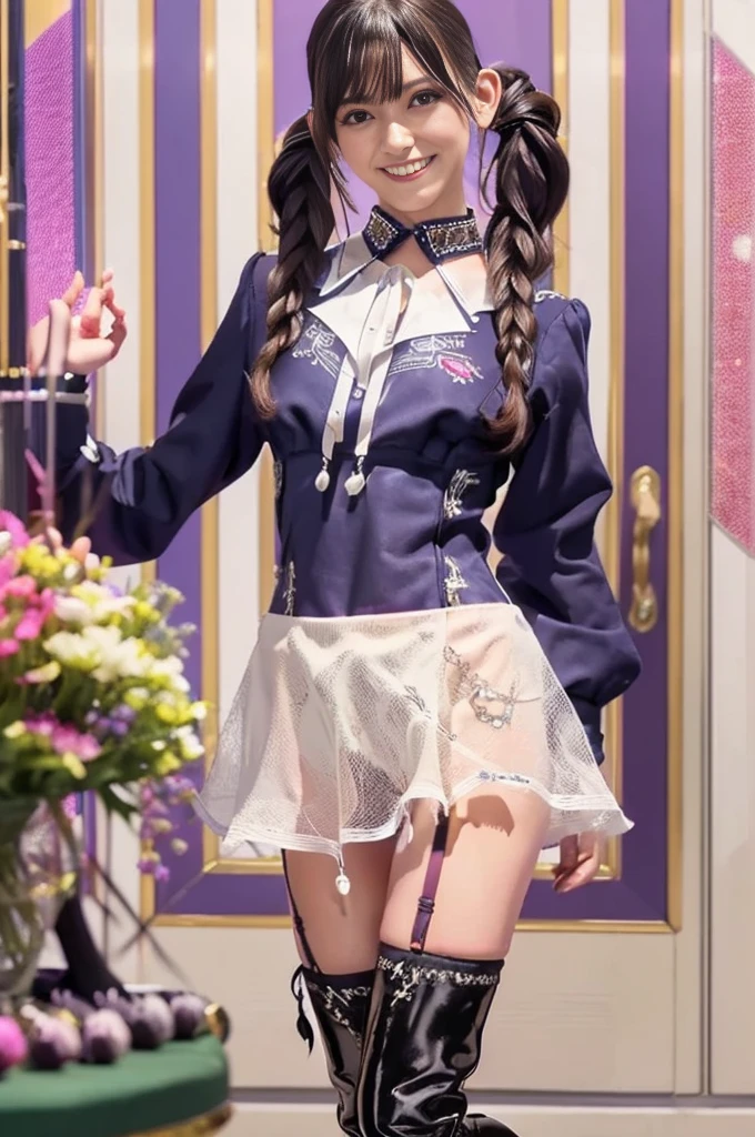 Sexy and stylish female model, Only one woman, ((Doll-like appearance)), length, Colourful and stylish hair, ((Shiny punk style knee-high boots)), (Big smile), Very detailedな目, Detailed makeup, lip),((Ultra-detailed races)), ((Very detailed embroidery)), Intricate details, Jewelry Accessories, Door Choker, ((Big shiny punk jewelry)), Cinematic Light 、Maid Head Accessories, Sparkle Effect, Lens Flare, High resolution, High resolutionモデル, Anatomically correct, 超High resolution, Textured skin, Very detailed, Multiview, Ass POV, Wide-angle shot, Shiny Stockings, (((Showing panties)))、Squat、Low angle close up、White lace and frilly underwear with detailed embroidery and garter belt、(She spreads her legs to seduce me)、((Anatomically correct))、cheek、Very thin、
Both sides up, Filming in the casino、Curly twin tails,  skirt lift