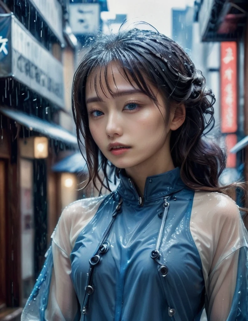 intricate details, HDR, beautifully shot, hyperrealistic, sharp focus,  megapixels, perfect composition, high contrast, cinematic, atmospheric, moody, one beautiful young asian girl walking in the rain, cyberpunk ninja outfit. Hyperdetails, heavy rain, wet hair, wet floor, High-tech equipment with signs of friction, some surface peeling and dirt., cinematic light, rain drops on her cloth, moisture-filled atmosphere, dangerous atmosphere, tense atmosphere, tension-filled atmosphere, Cinematic film still, shot on v-raptor XL, film grain, vignette, color graded, post-processed, cinematic lighting, 35mm film, live-action, best quality, atmospheric, a masterpiece, epic, stunning, dramatic, Epic cinematic brilliant stunning intricate meticulously detailed dramatic atmospheric maximalist digital matte painting Professional photography, bokeh, natural lighting, canon lens, shot on dslr  megapixels sharp focus 