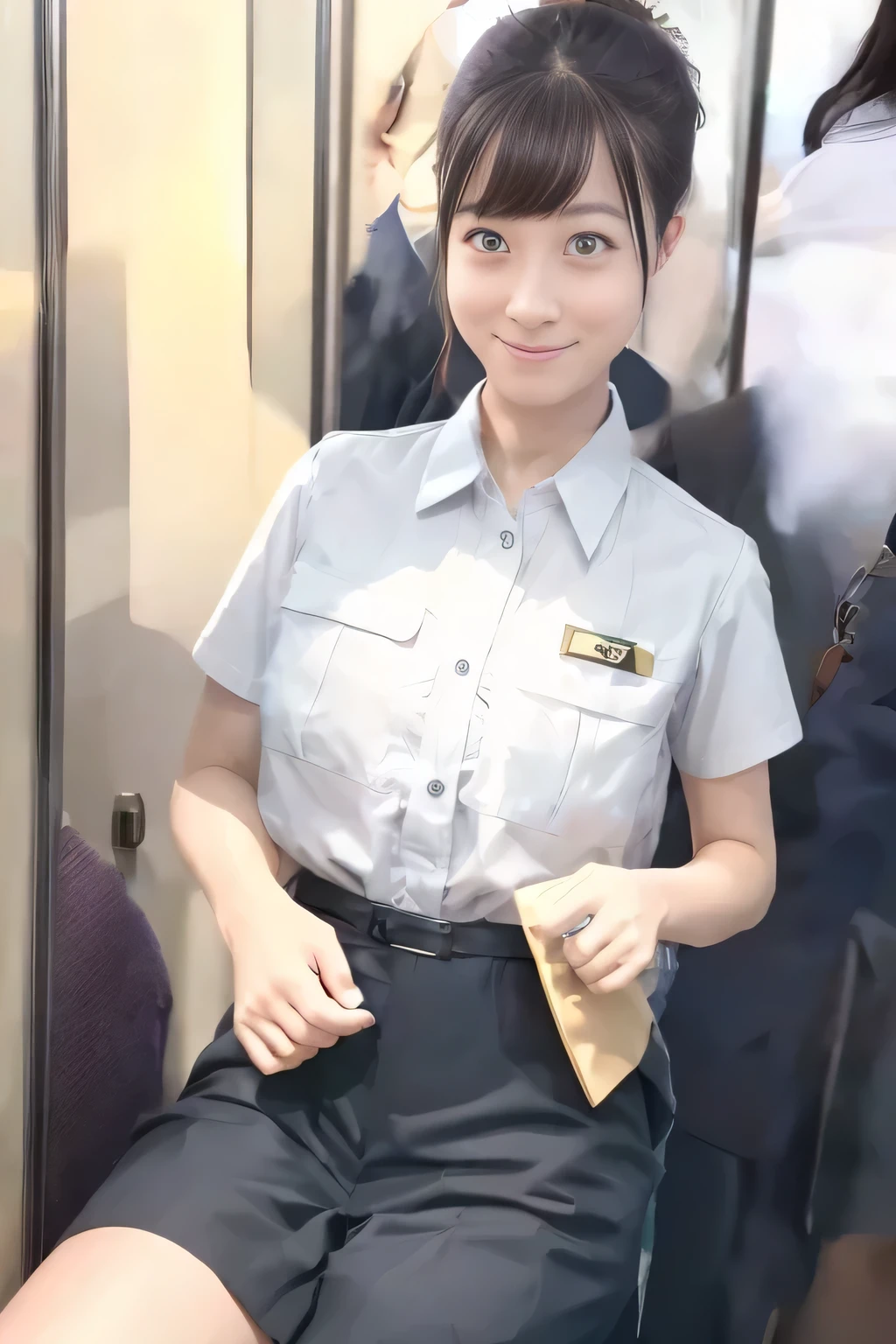 (masterpiece:1.2, Best Quality:1.2), 32K HDR, High resolution, (Alone、1 girl)、（On the roof of a building during the day、Professional Lighting）、Building rooftop background、（Real style woman wearing train crew uniform6）、（woman train crew uniform6 blouse short sleeve 、 Knee-length culottes skirt、Belt on waist）、（woman wearing train crew uniform6 vest）、Dark brown hair、（Hair tied up、Hair Bun）、Dark brown hair、Long Shot、Big Breasts、Thin legs、（（Great hands：2.0）），（（Harmonious body proportions：1.5）），（（Normal limbs：2.0）），（（Normal finger：2.0）），（（Delicate eyes：2.0）），（（Normal eyes：2.0））)、smile、（woman train crew uniform6 Knee-length culottes skirtを見せた美しい立ち姿） 、Hands clasped underneath
