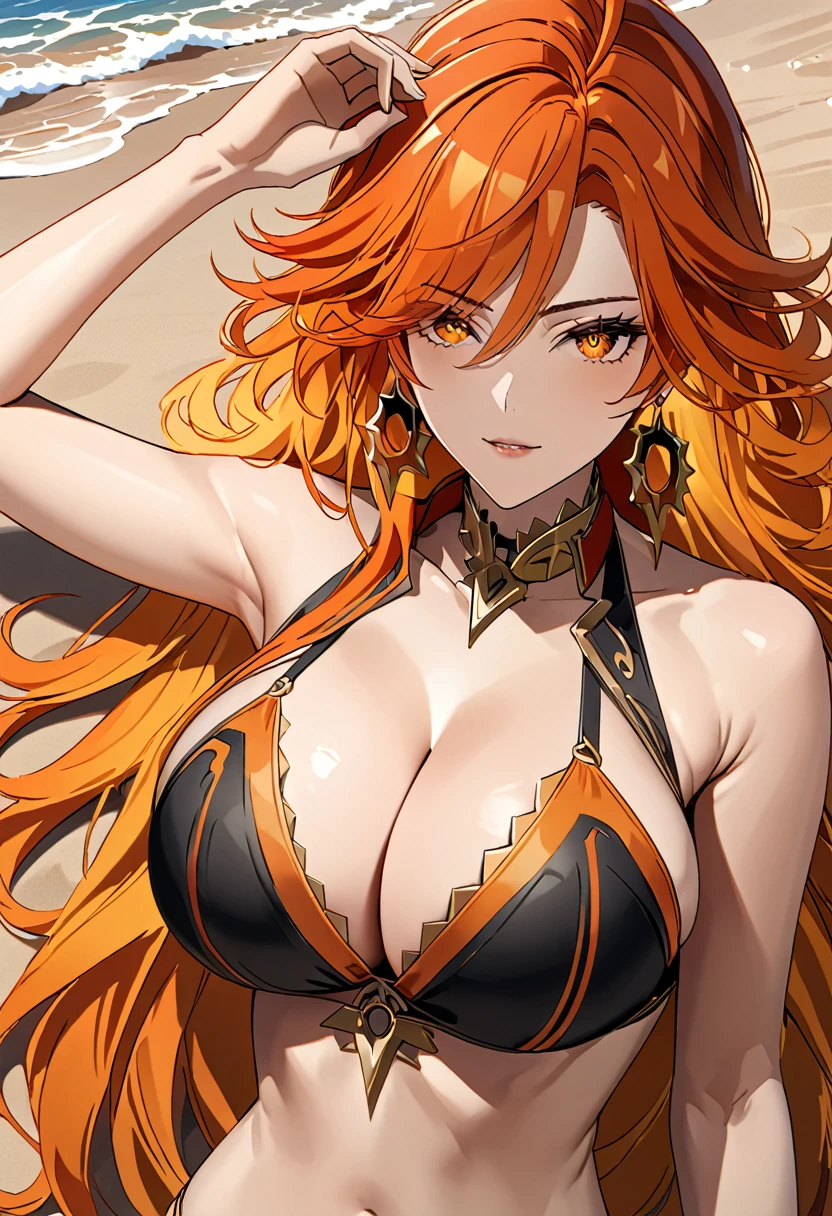 (masterpiece), (detailed anime style), (super detailed), (perfect work), (4k), Beautiful Mavuika, ajustado bikini, orange hair, super big breasts, I will trace the great, bare arms, lying down, On the beach