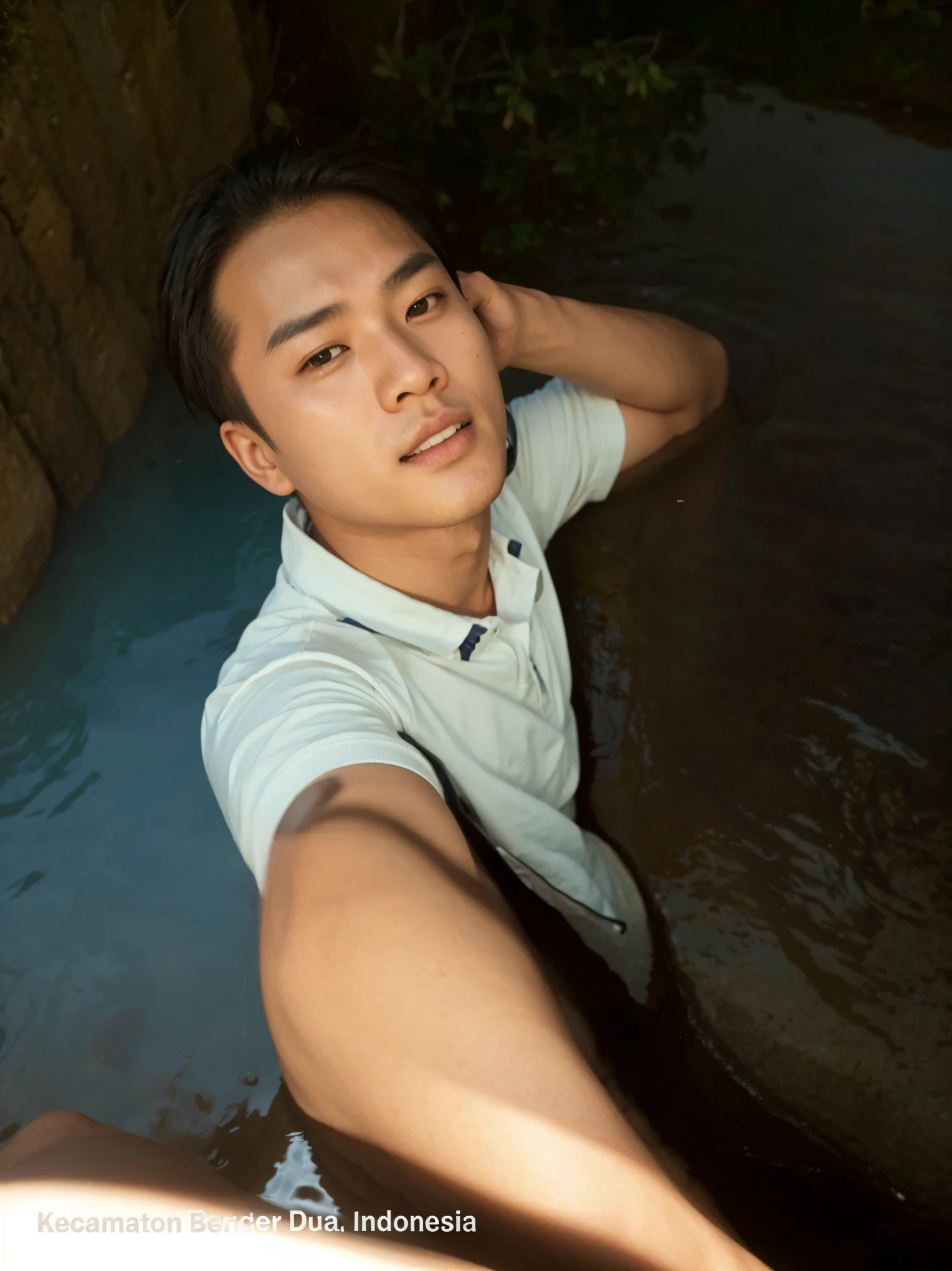 A young Thai man in his 40s with short hair sits by the swimming pool of a luxury hotel. Virtual image. Wear a black shirt