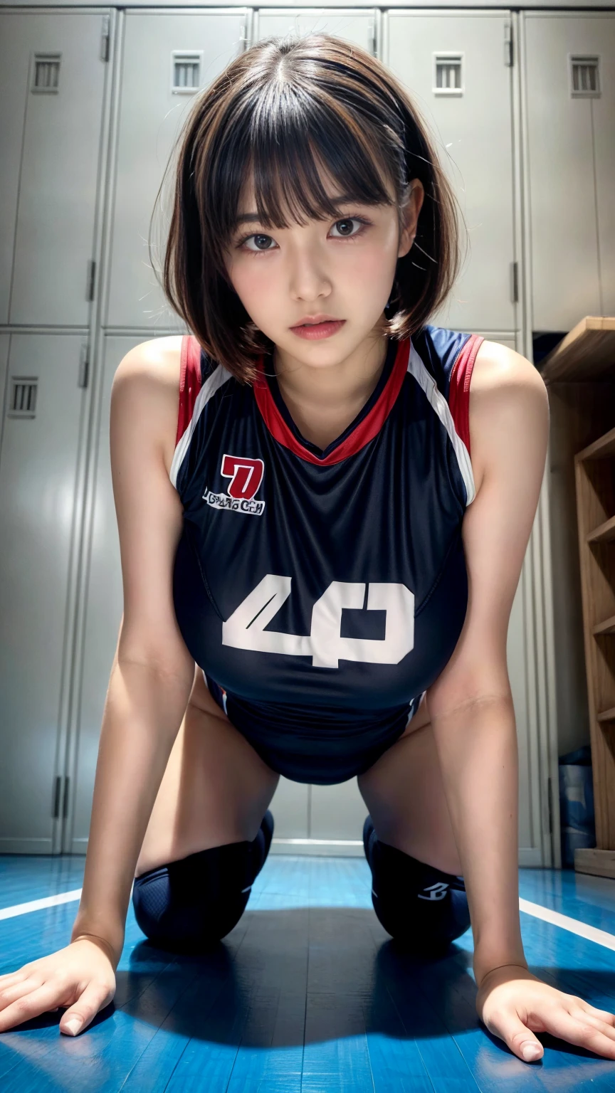 muste piece, best quality, illustration, Super detailed, fine details, High resolution, 8K,wall paper, perfect dynamic composition,(Details High quality, realistic depiction of eyes:1.3), (short hair volleyball player, Volleyball Uniforms), Tight clothes, locker room, (large breasts), black hair color, Big Natural Color Lip, bold sexy pose, (perfect body shape), Do gal makeup, sexy face, Harajuku style、20 year old girl、cute type、lolita、beautiful legs, hposing Gravure Idol, Voluptuous thighs, getting pounded from behind, on all fours