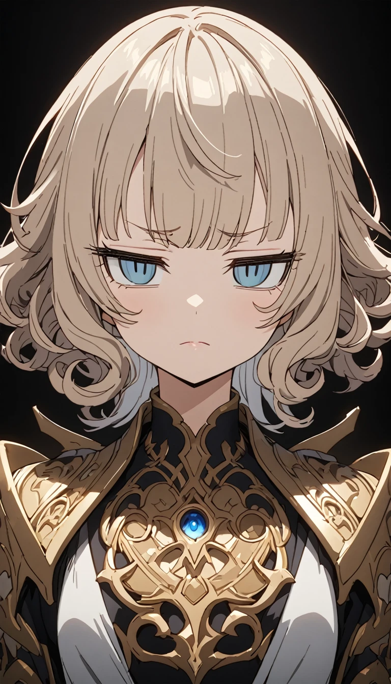 masterpiece, best quality, extremely detailed, high resolution, Japanese anime,1girl, gold hair, (short length hair:1.4), curly hair, wavy hair, blunt bang, (eye lashes:1.3), (eye shadow:1.3), (eye brow:1.3), blue eyes, (beautiful detailed eyes:1.4), (jitome:1.5), laugh, original character, fantasy, (black background:1.2), beautiful fingers, standing, shoot from front, looking at viewer, face close-up