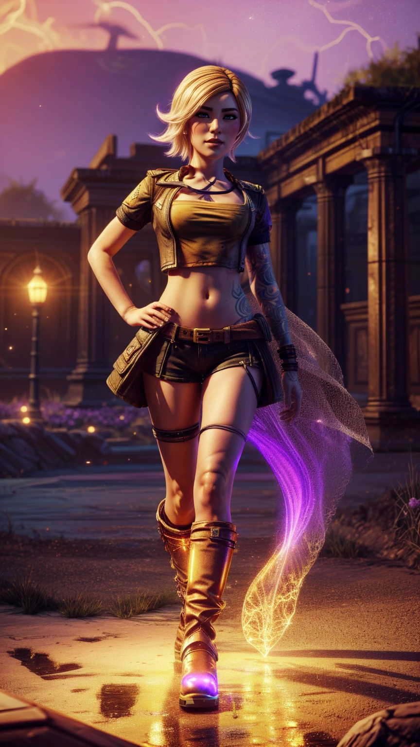 1girl, combining elements of Yang Xiao Long from "RWBY" and Lilith from "Borderlands", beautiful detailed eyes, beautiful detailed lips, extremely detailed face and portrait, long eyelashes, flowing golden hair, lilac/violet eyes, crop top, short shorts, wearing flat heeled boots, tattoos, glowing blue markings, posing confidently, fantasy landscape, ancient ruins, sunlight, volumetric lighting, cinematic, award winning digital art, intricate details, highly detailed, hyper realistic, 8k, masterpiece, (wide angle), (full length portrait), lilithbl2, bhands, glow particle