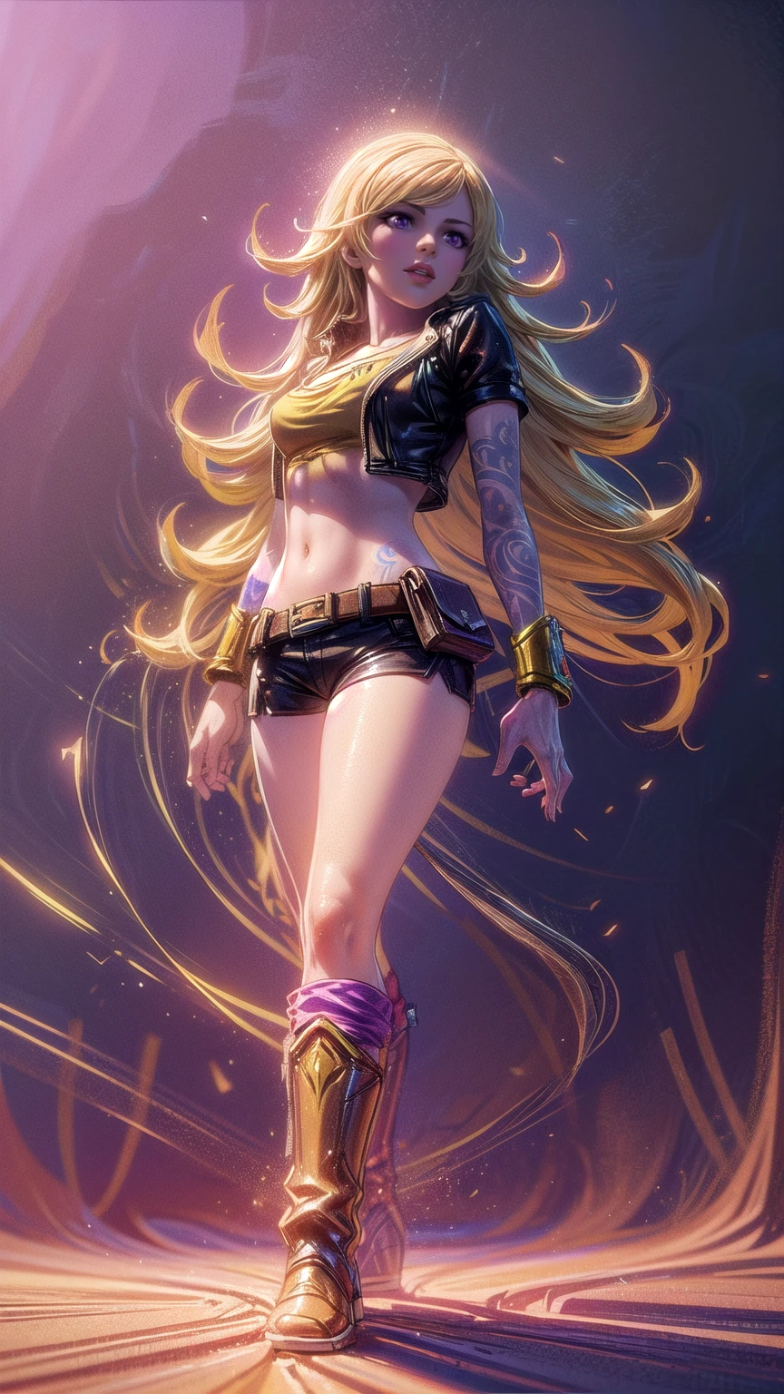 1girl, combining elements of Yang Xiao Long from "RWBY" and Lilith from "Borderlands", beautiful detailed eyes, beautiful detailed lips, extremely detailed face and portrait, long eyelashes, flowing golden hair, lilac/violet eyes, crop top, short shorts, wearing flat heeled boots, tattoos, glowing blue markings, posing confidently, fantasy landscape, ancient ruins, sunlight, volumetric lighting, cinematic, award winning digital art, intricate details, highly detailed, hyper realistic, 8k, masterpiece, (wide angle), (full length portrait), lilithbl2, bhands, glow particle