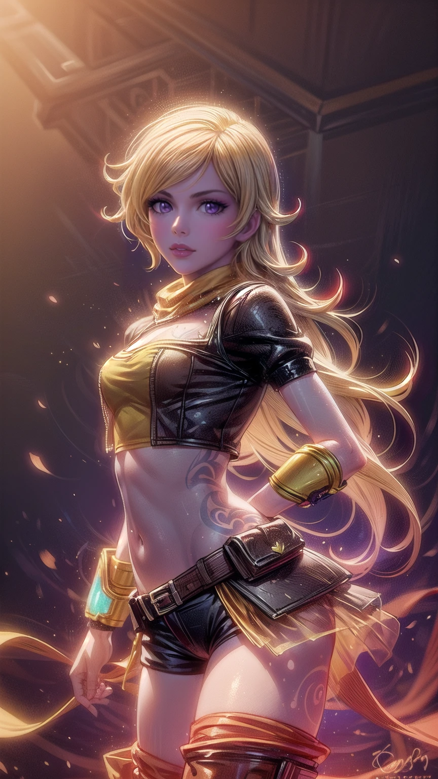 1girl, combining elements of Yang Xiao Long from "RWBY" and Lilith from "Borderlands", beautiful detailed eyes, beautiful detailed lips, extremely detailed face and portrait, long eyelashes, flowing golden hair, lilac/violet eyes, crop top, short shorts, wearing flat heeled boots, tattoos, glowing blue markings, posing confidently, fantasy landscape, ancient ruins, sunlight, volumetric lighting, cinematic, award winning digital art, intricate details, highly detailed, hyper realistic, 8k, masterpiece, (wide angle), (full length portrait), lilithbl2, bhands, glow particle