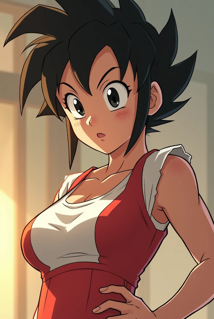 woman (milf) videl1, thick black eyebrows, large natural breasts, very long spiky golden hair with aura, bangs, (cute symmetrical face), front view, curvy, ((Super Saiyan)) From Dragon Ball, b4ttl3 (black saiyan armor), (orange bodysuit), midriff, cleavage, cowboy portrait, face centered, looking at viewer, pastel colors, night, moonlight, film grain, ((masterpiece)), (best quality), (detailed), (soft shadows + skin texture), comics style, detailed eyes, pretty eyes, (solo)