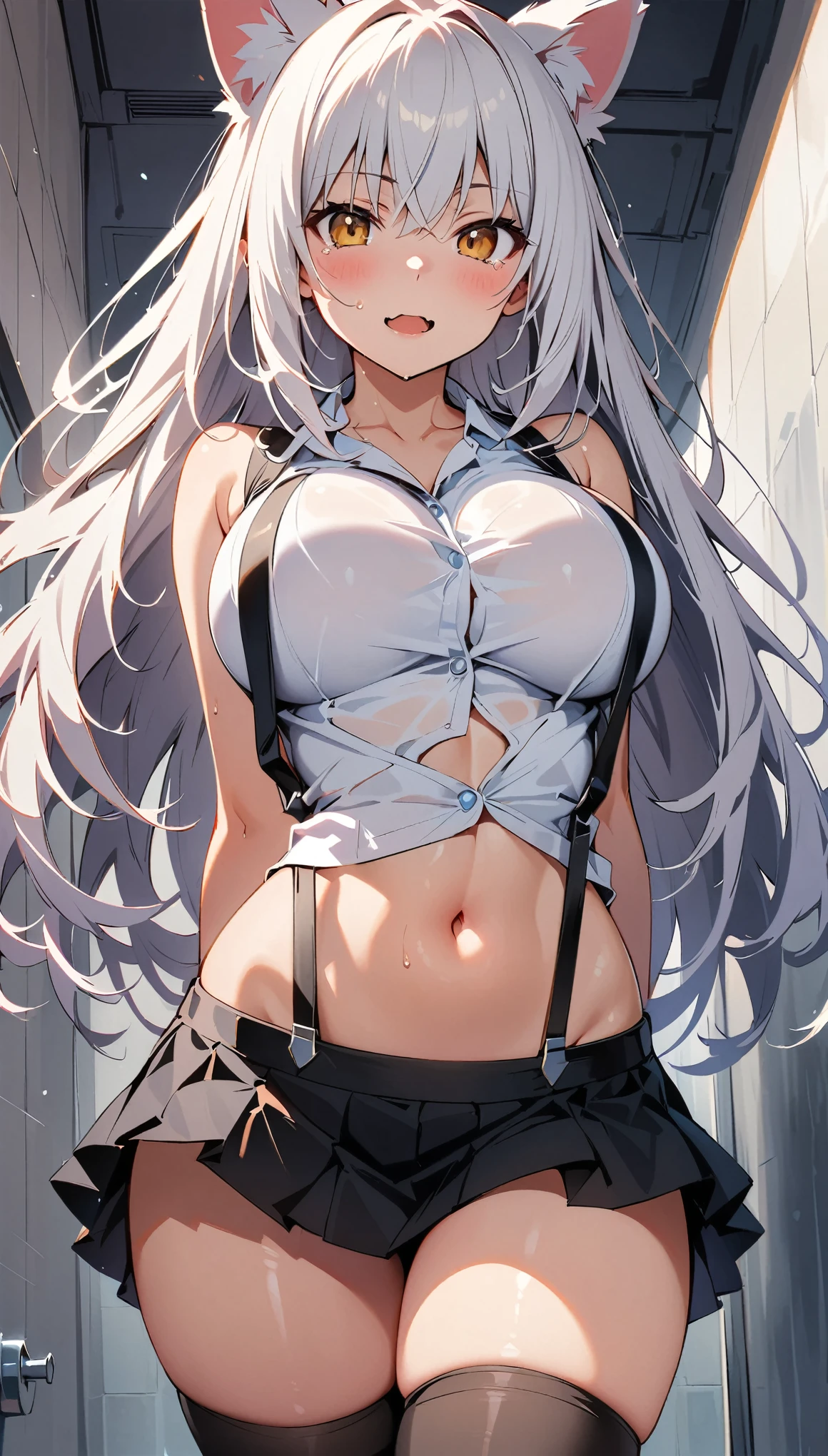 (curvy, large breasts, tented shirt, skindantation breasts), (sleeveless white crop top, crop top navel, black pleated miniskirt, (suspenders)), (((1girl, black hanekawa, monogatari \(series\), cat ears))), white hair, beautiful detailed eyes, yellow eyes,(cute eyes), black thigh highs, arms behind back, (Carving Waistline), Shower room, (cowboy shot, from left side), Best Quality, Super detailed, masterpiece, Ultra-high resolution, 8k, Embarrassing, blush, Nice, (With tears in my eyes), open mouth, sweat, (from left side), (from left side)