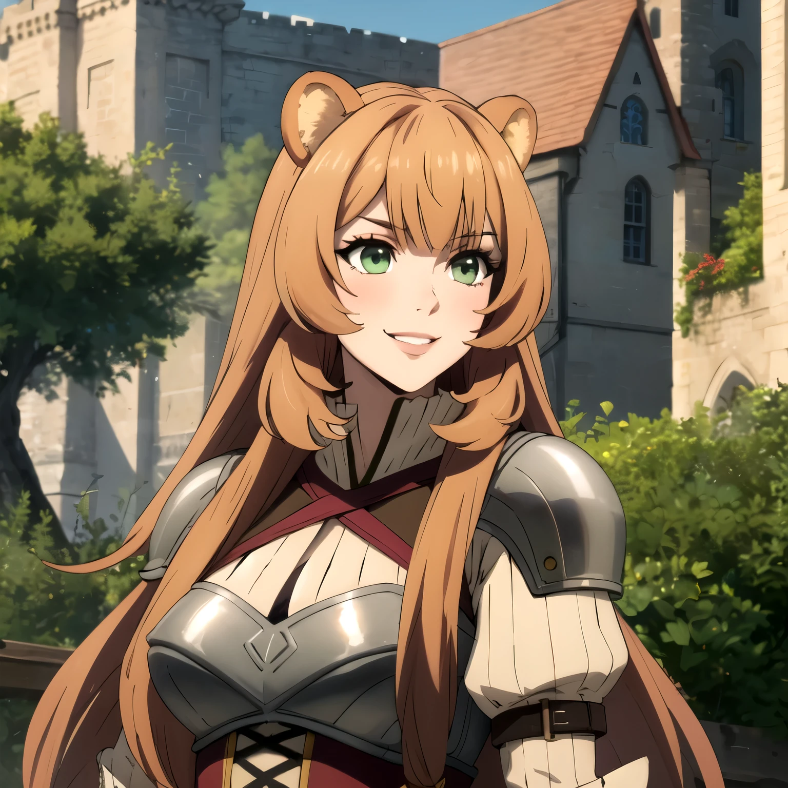 Raphtalia woman , blonde, blonde hair , bear ears, lemon green eyes,  pechos grandes, escote, evil smile, wearing low-cut armor against a castle. sharp eyes. 1 sola mujer.