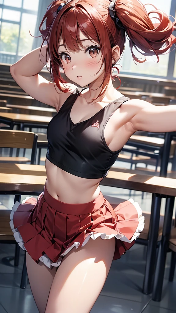 astolfo, Beautiful and slim perfect body, really spiky messy hair, short pink hair ,lock of white hair on left side, happy, smiling, blushing, thick lips, full lips, flat chest, Pectorals, not , very thin body, open button-hirt, shirt tied pectorals, midriff, choker, tiny micro pleated miniskirt, skirt barely covering panties, smge, thigh high stockings, high heeled sandals, perfect anatomy, classroom background, ultra-detailed, 4k, 8k, best quality, masterpiece, model, modeling, posing for camera, detailed background, (lenceria de encaje, translúcido), (medias de encaje), cuerpo completo, centrarse en las piernas, manos perfectas, maquillaje cachondo,