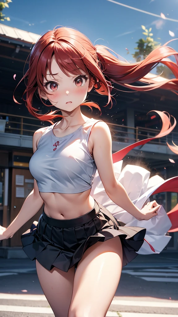 A beautiful girl in a miniskirt looking back at a sunset,, anime girl, embarrassed look, perfect anatomy, ((turtleneck, red miniskirt, white knee socks)), big rounds breasts, (bare chest), dark brown hair, (hair tousled by the wind, messy hair, Broken hairstyle), long bangs, long hair, wavy hair, shiny hair, french braid, magenta ribbon, aqua eyes, (Eye and face details:1.0), (Bokeh:1.1), glowing eyes, pupils sparkling, earrings, blush, glossy lips wonderful face and eyes, (amazingly beautiful girl), my back is turned, showing your butt, Angle from the back, ((The wind flips my skirt:1.3, panties, cute ass), (butt crack:1.4)), focus on the butt, professional lighting, high detail, (super detailed), (Very detailed CG synthesis 8k wallpaper), anime, anime style, cinematic lighting, dithering, image fill, character chart, multiple views, cinematic lighting, vanishing point, perspective, panorama, Wide-Angle, f/1.8, 85mm, Nikon, 8k, super detail, UHD, retina, masterpiece, accurate, anatomically correct, textured skin, high details, best quality, highres, 16k