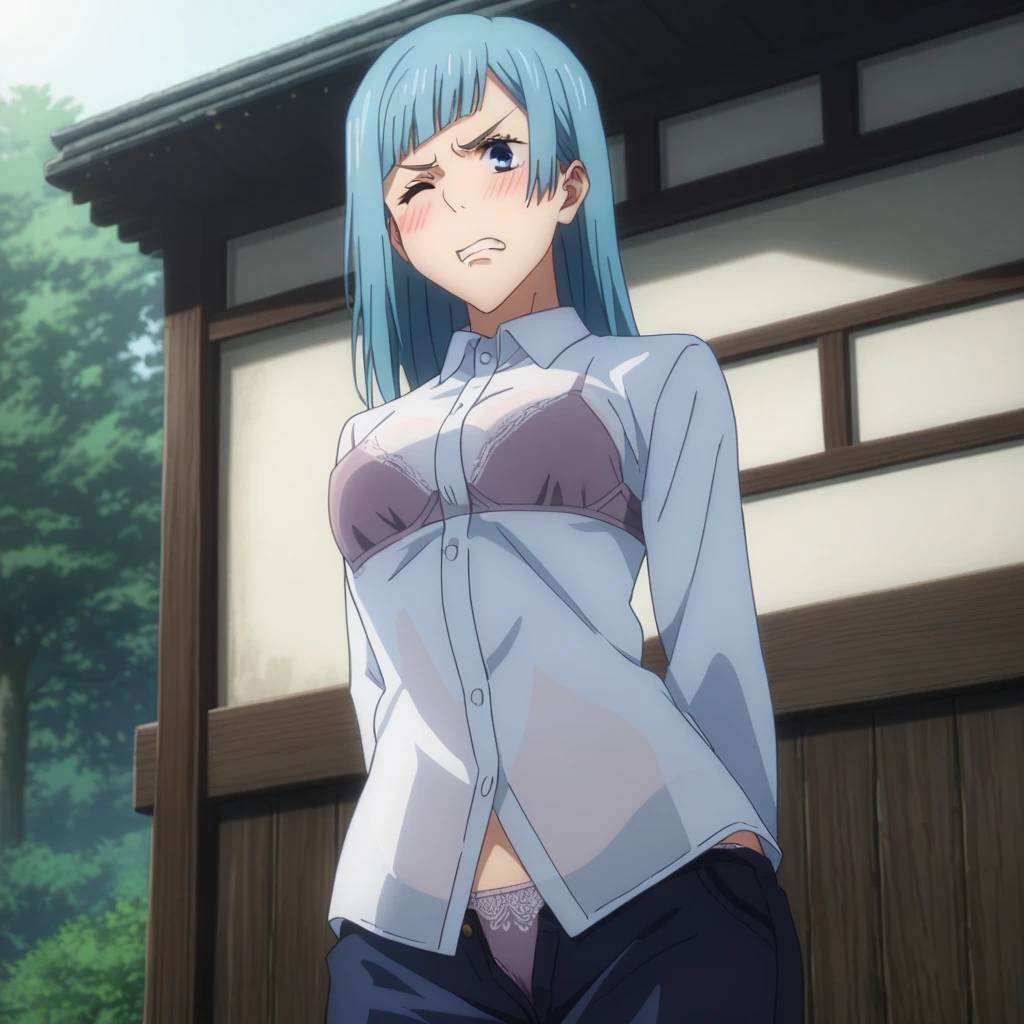 score_9, score_8_up, score_7_up, sauce_anime, ambient light,
jujutsu_kaisen_style, kasumi miwa,, ,1girl ,tall girl,, blue hair, long hair, blue eyes, wince, frown, close up face:0.2,
nsfw, (show off panties),, undress see-through dress shirt, hands behind backs, undress pants, in lace panties,
outdoors,, realistic outdoor, (kneeling), , steam, 
cowboy shot,, looking at below, solo, dutch angle, blush,, lace bra , clenched teeth, saliva, drooling moanin, medium breast,