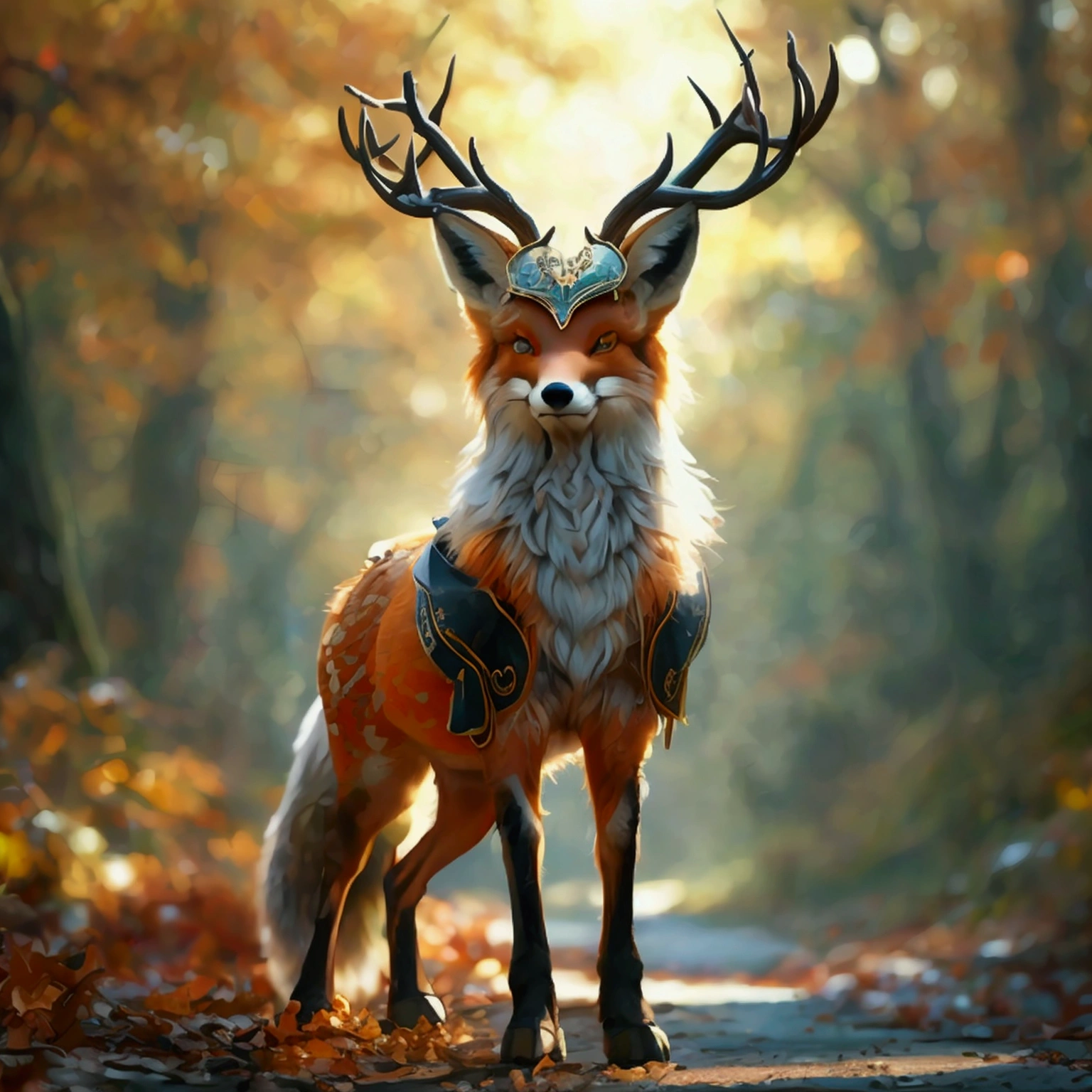 Create a picture of my imaginary animal with a fox face, deer antlers, wings, an elephant&#39;s body, horse&#39;s feet, and a rudder. Standing, full body, realistic, 4K resolution, no background.