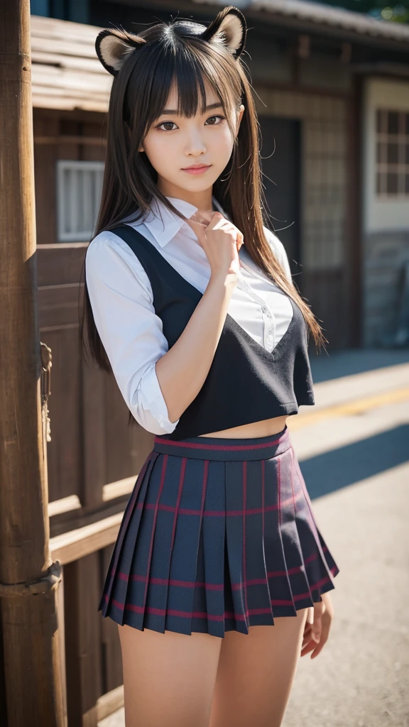 a closeup, ​masterpiece, top-quality, FULL ANATOMY、Raw foto, Photorealsitic、(Cute little face:1.3)、(Very cute smile:1.4)、(with round face:1.6)、(She has a cute face like an idol、double tooth), A dark-haired、depth of fields, hight resolution, ultra-detailliert, finely detail, ighly detailed, extremely detailed eye and face, Realistic pupils, foco nítido, Cinematic lighting、Big Bust、19-year-old woman、One lady、sexy  pose、twin braids、Patsun bangs、Schoolgirl Uniform、Very detailed 8k wallpaper、Plaid pleated skirt、Show me your whole body、(Plump panties)、Cute panties in light colors、White Sox、(Panties are visible from the skirt、Lift the hem of the skirt with both hands、Showing her panties to the camera）、is standing、Angle from below、(Thigh close-up)、(good proportion、a large bust、big breasts thin waist、large hips)、depth of fields、Bokeh in the background