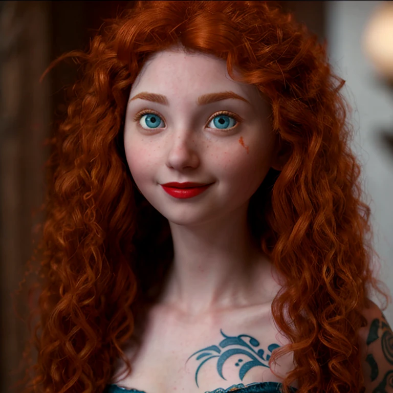 (1 teen slim Merida). very tattooed. Middle-Earth. shy smile, perfect blue crystal eyes, look at the viewer, high details, cute face, sensual, provocative, nice breasts, oiled up body, perfect pale skin, standing, perfect body, charming, seductive, red lipstick, dressed as spider man