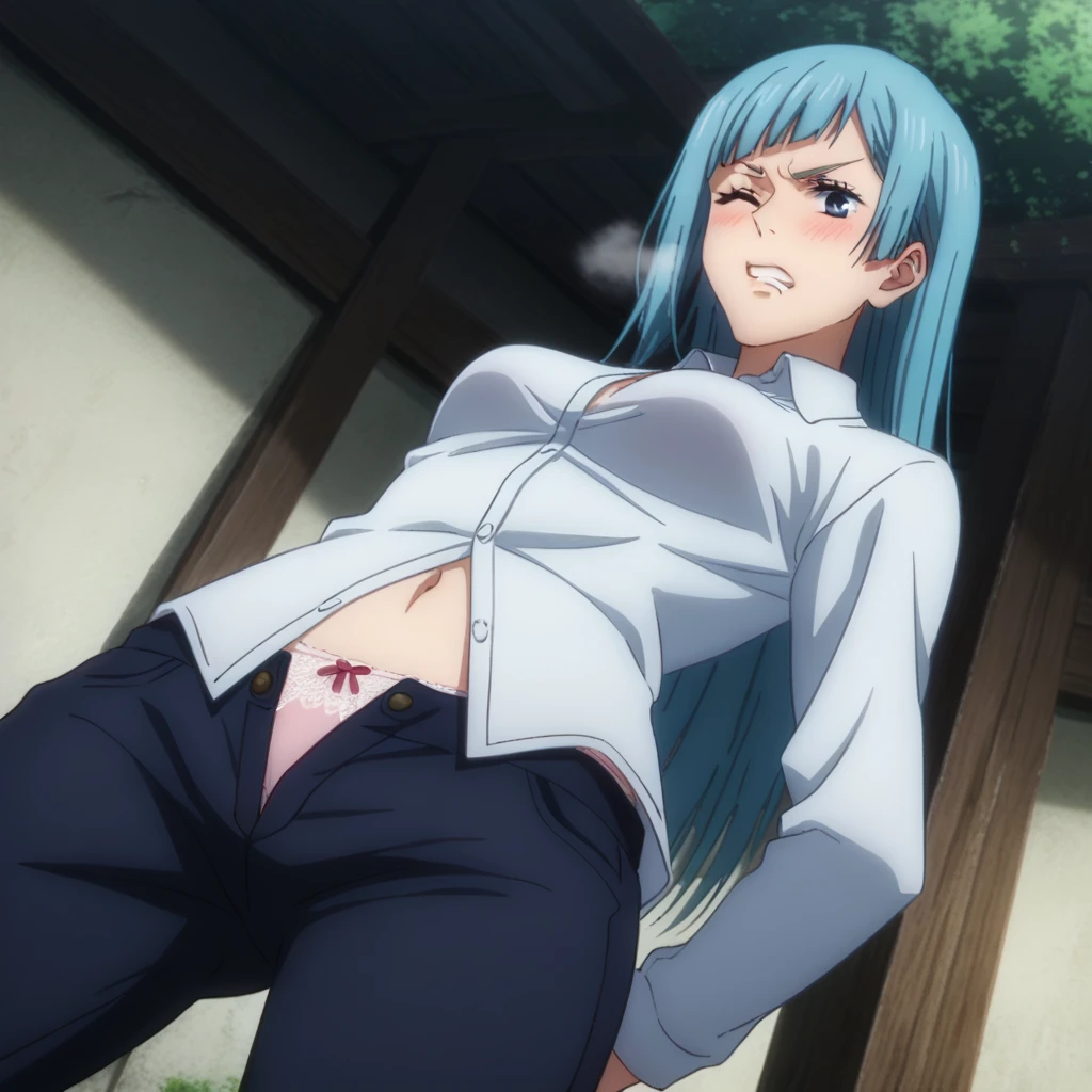 score_9, score_8_up, score_7_up, sauce_anime, ambient light,
jujutsu_kaisen_style, kasumi miwa,, ,1girl ,tall girl,, blue hair, long hair, blue eyes, wince, frown, close up face:0.2,
nsfw, (show off panties),, undress open dress shirt, hands behind backs, undress pants, in lace panties,
outdoors,, realistic outdoor, (kneeling), , steam, 
cowboy shot,, looking at below, solo, dutch angle, blush,, lace bra , clenched teeth, saliva, drooling moanin, medium breast,