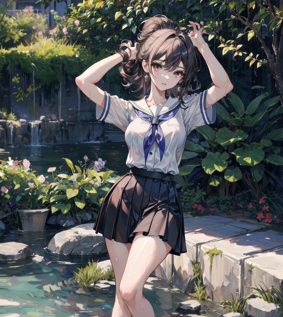 (Official Art、highest quality、Unity 8k wallpaper、32k、masterpiece、Ultra-detailed、超A high resolution、Realistic、Photorealistic:1.2)、(Natural soft light:1.2)、Fire Glow Effect、Film Grain、Best Shadow、Rim Light、Side light、Side Shot、(Highly detailed and intricate 3D rendering)、Beautiful face and eyes in every detail、Sharp pupils、Realistic students、whole body, Sandy Beach、Beautiful Face、Blurred Background、18 year old beautiful girl、Glowing Skin、Beautiful wet black hair、I pulled up my wet shirt、Wet Check Mini Skirt、(Thighs Thighs Thighs Thighs:0.9)、barefoot、curve、Dynamic pose、Laughing with your mouth open、(Beautiful nipple exposure:0.9)、White panties are visible