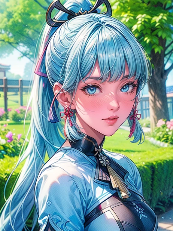 cute girl standing in a garden, beautiful detailed eyes, bright blue eyes, extremely detailed and beautiful face, (Kamisato Ayaka: 1.2), focused on the face, ponytail, Kamisato Ayaka (Genshin Impact), light blue hair, highly detailed hair, bangs, best lighting, excellent shadows, extremely detailed, vibrant Kitsune Udon