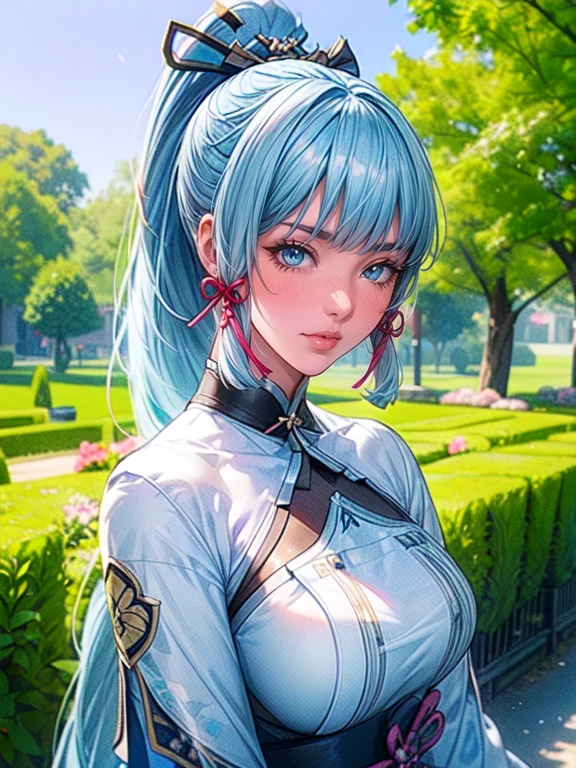 cute girl standing in a garden, beautiful detailed eyes, bright blue eyes, extremely detailed and beautiful face, (Kamisato Ayaka: 1.2), focused on the face, ponytail, Kamisato Ayaka (Genshin Impact), light blue hair, highly detailed hair, bangs, best lighting, excellent shadows, extremely detailed, vibrant Kitsune Udon