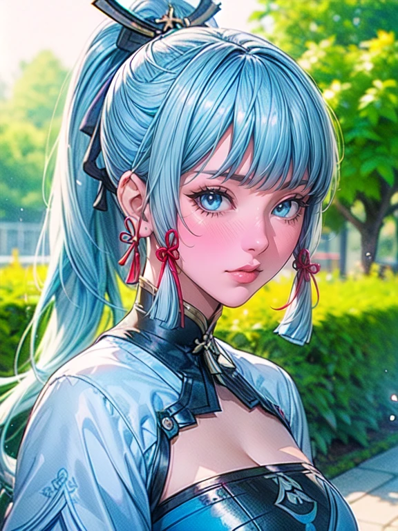 cute girl standing in a garden, beautiful detailed eyes, bright blue eyes, extremely detailed and beautiful face, (Kamisato Ayaka: 1.2), focused on the face, ponytail, Kamisato Ayaka (Genshin Impact), light blue hair, highly detailed hair, bangs, best lighting, excellent shadows, extremely detailed, vibrant Kitsune Udon