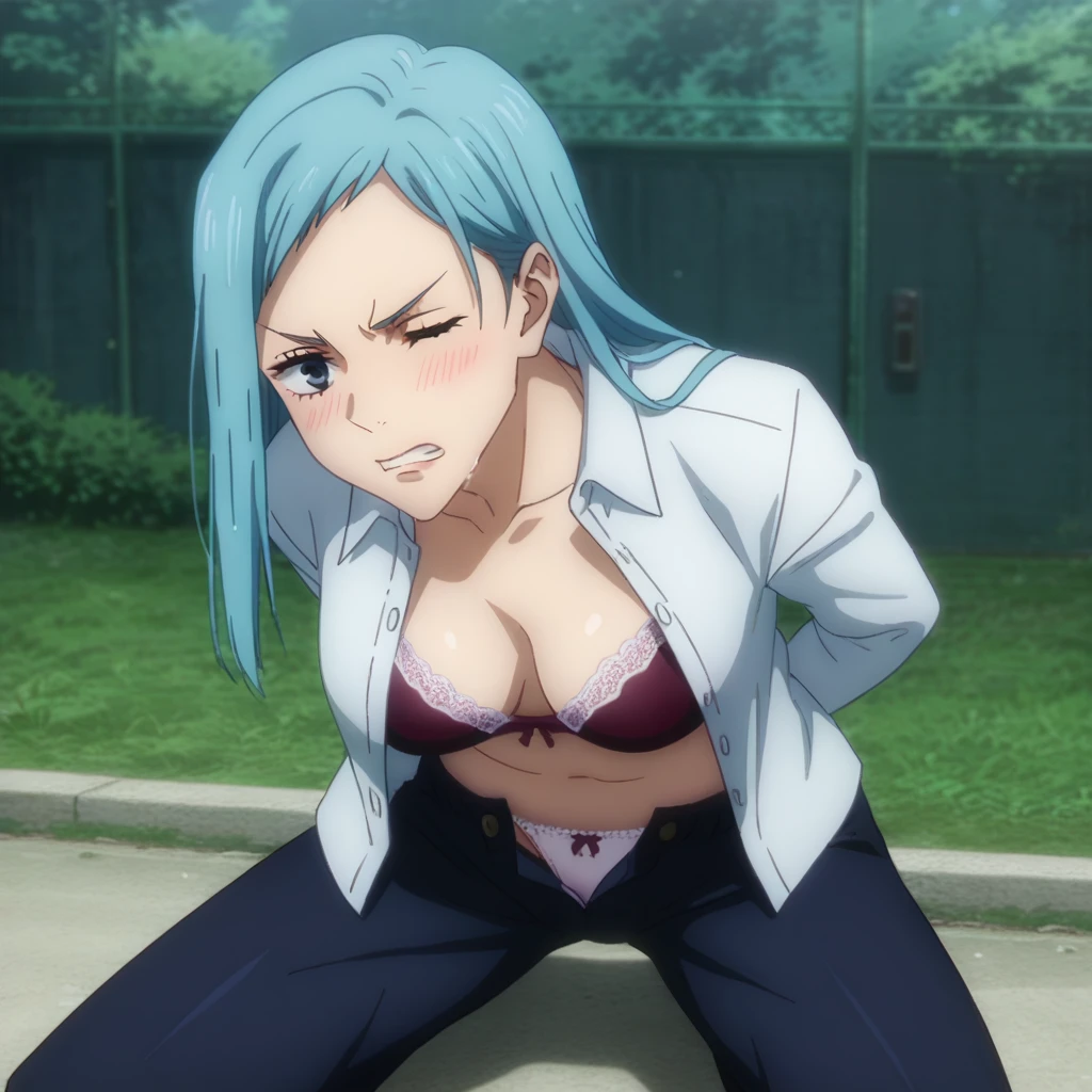 score_9, score_8_up, score_7_up, sauce_anime, ambient light,
jujutsu_kaisen_style, kasumi miwa,, ,1girl ,tall girl,, blue hair, long hair, blue eyes, wince, frown, close up face:0.2,
nsfw, (show off panties),, undress open dress shirt, hands behind backs, undress pants, in lace panties,
outdoors,, realistic outdoor, (kneeling), , steam, 
cowboy shot,, looking at below, solo, dutch angle, blush,, lace bra , clenched teeth, saliva, drooling moanin, medium breast,